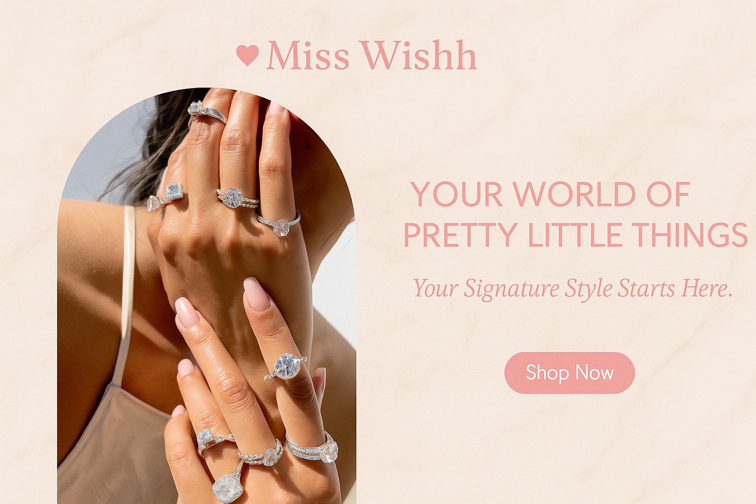 A close-up of hands adorned with various stylish rings, showcasing the elegant designs of Miss Wishh jewelry.